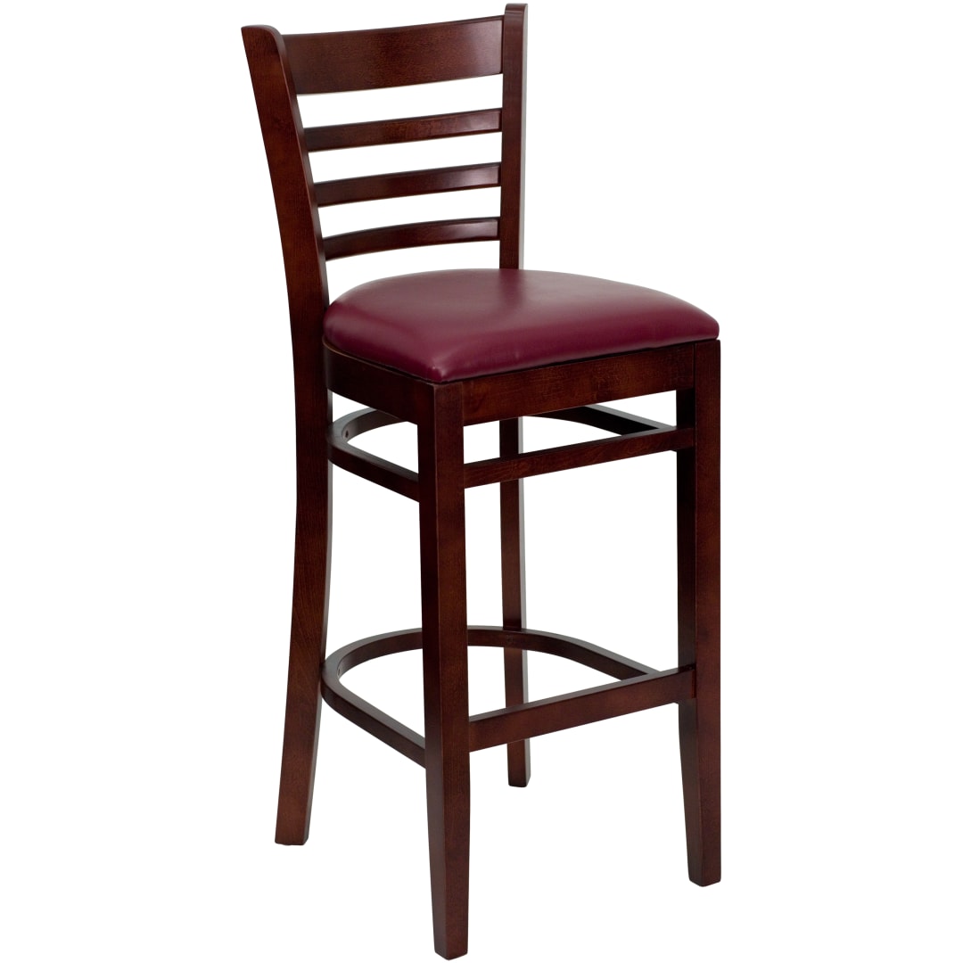 HERCULES Series Ladder Back Mahogany Wood Restaurant Barstool - Burgundy Vinyl Seat