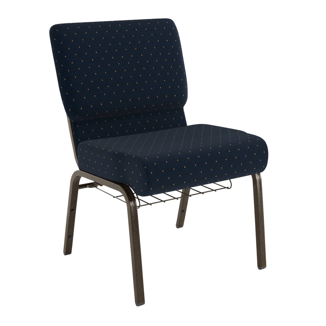 4 Pack HERCULES Series 21''W Church Chair in Navy Blue Dot Patterned Fabric with Book Rack - Gold Vein Frame