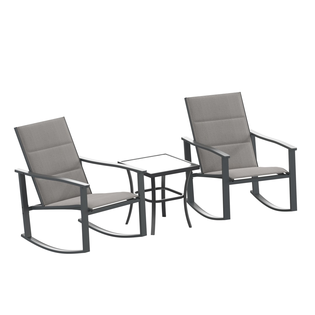 Brazos 3 Piece Outdoor Rocking Chair Bistro Set with Flex Comfort Material and Steel Framed Glass Top Table, Gray/Black