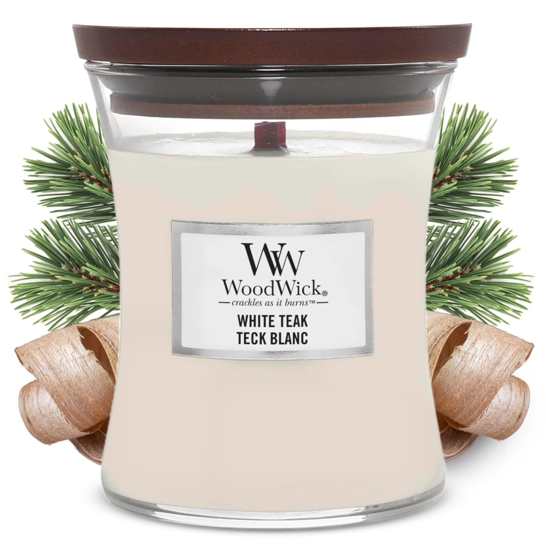WoodWick® Medium Hourglass Scented Candle | White Teak | with Crackling Wick | Burn Time: Up to 60 Hours, At the Beach