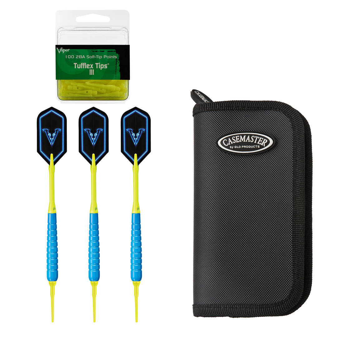 Viper V-Glo Blue 18 Gram Soft Tip Darts, Casemaster Select Black & Viper 2BA Tufflex III Tips - Yellow 100 ct Box