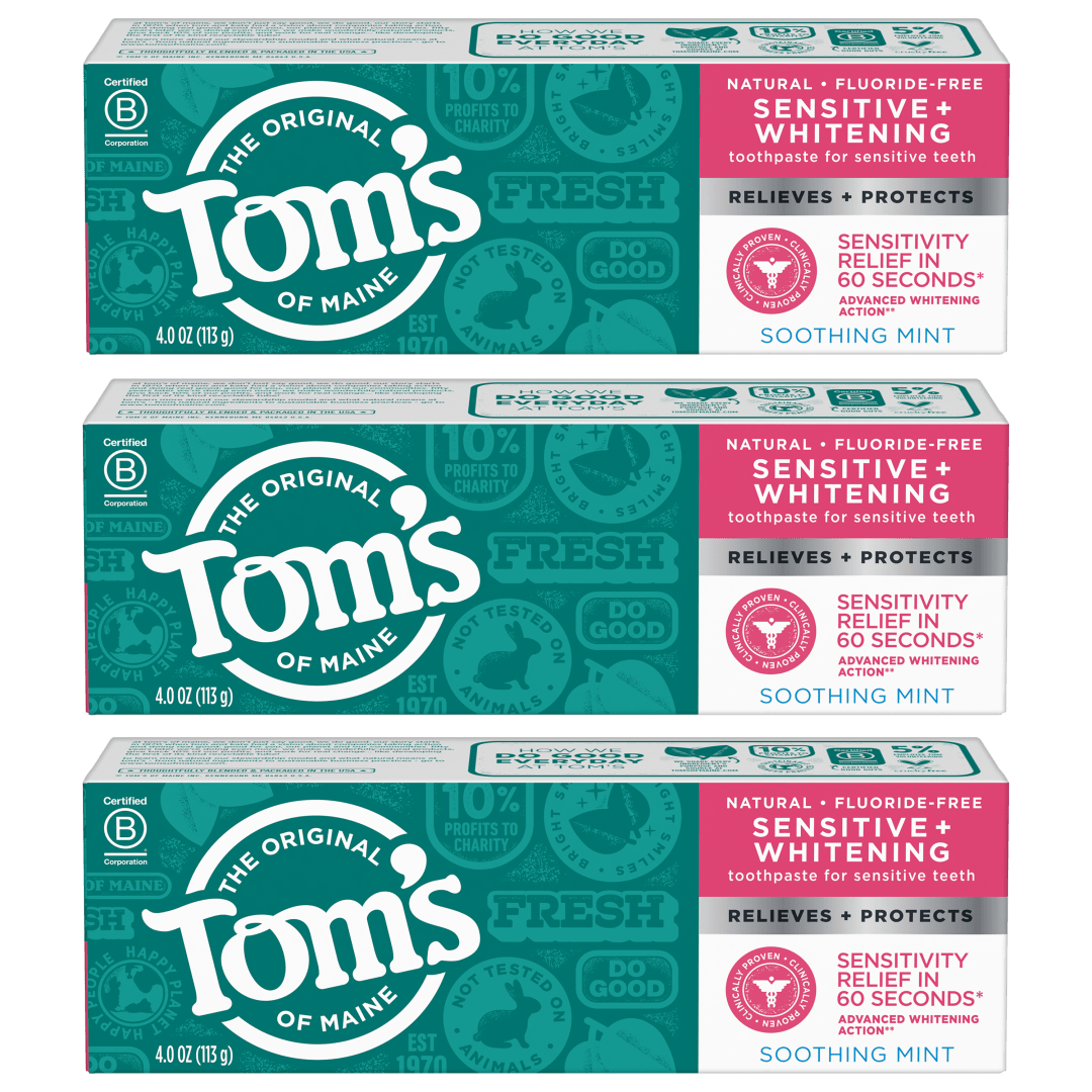 Tom’s of Maine Sensitive + Whitening Fluoride-Free Toothpaste, Soothing Mint 4.0 oz 3-Pack