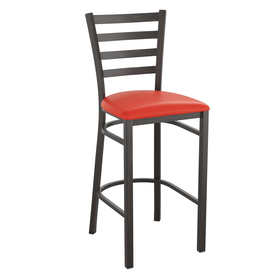 HERCULES Series Distressed Gold Ladder Back Metal Restaurant Barstool - Red Vinyl Seat