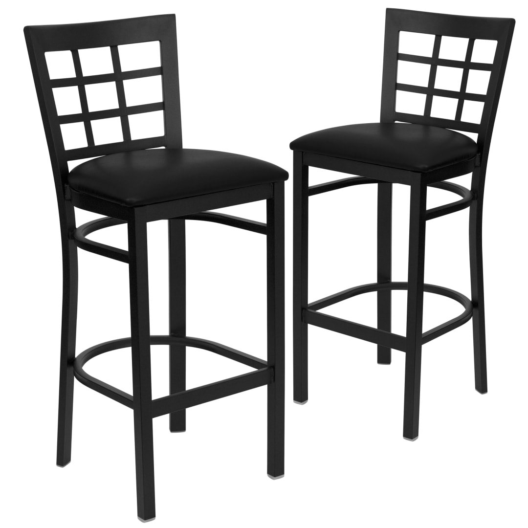 2 Pack HERCULES Series Black Window Back Metal Restaurant Barstool - Black Vinyl Seat