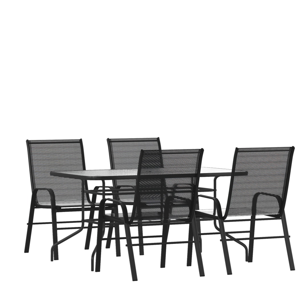 Brazos 5 Piece Outdoor Patio Dining Set - 55" Tempered Glass Patio Table with Umbrella Hole, 4 Black Flex Comfort Stack Chairs