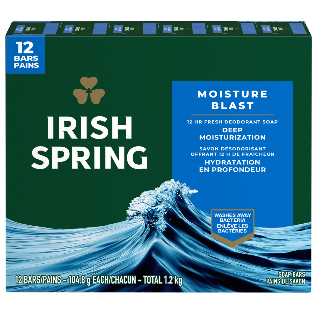 Irish Spring Moisture Blast Deodorant Bar Soap for Men, 12 Hour Fresh Deodorant Soap, 3.7 oz Bar (12 Pack)