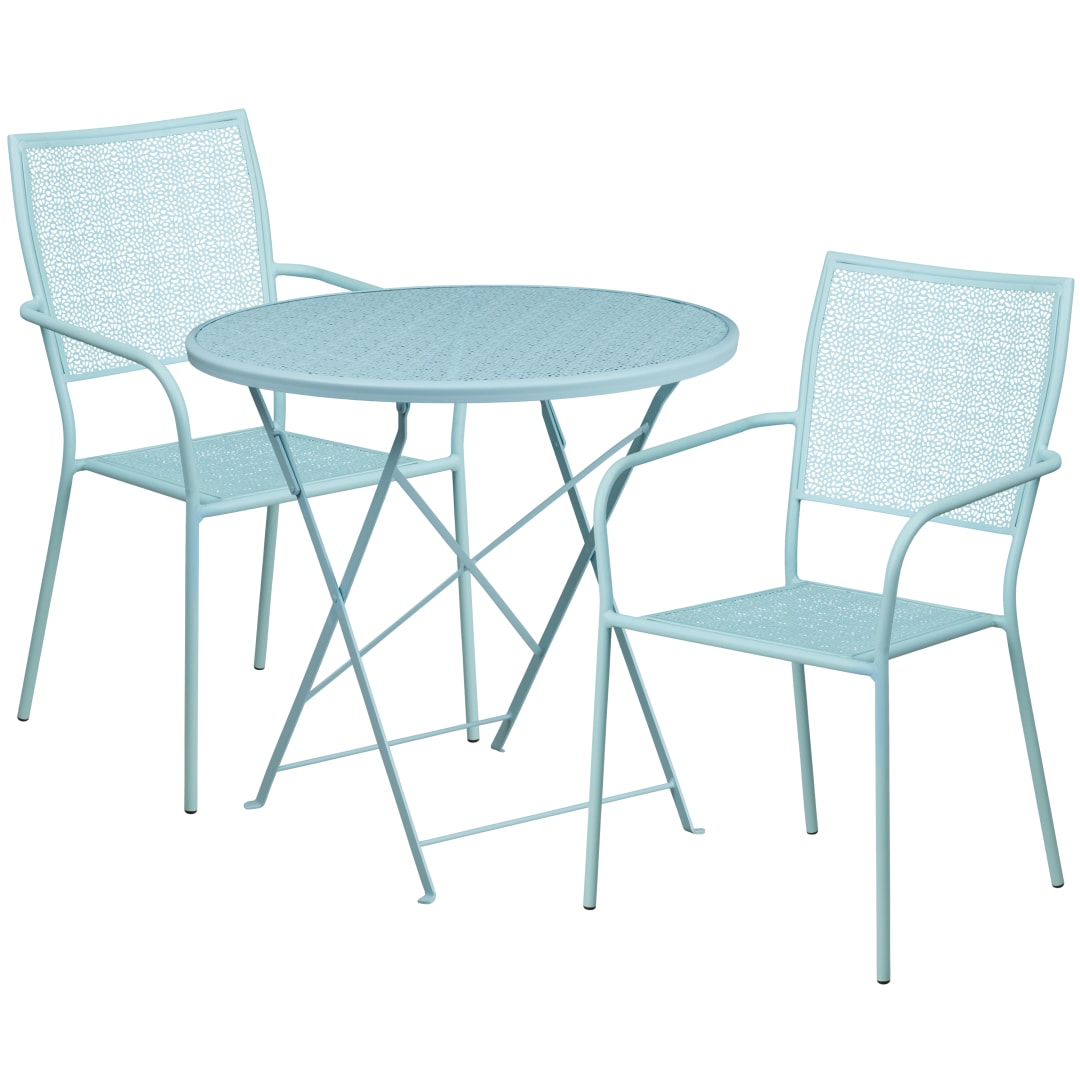 Oia Commercial Grade 30" Round Sky Blue Indoor-Outdoor Steel Folding Patio Table Set with 2 Square Back Chairs
