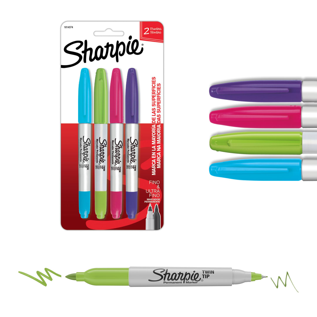 Sharpie Marcadores Permanentes, Doble Punta, Surtidos, 4 Piezas