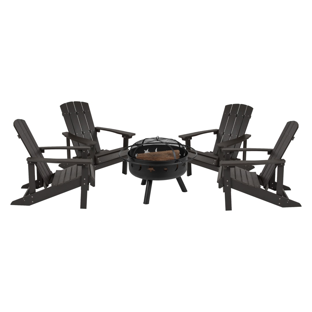 5 Piece Charlestown Commercial Slate Gray Commercial Poly Resin Wood Adirondack Chair Set with Fire Pit - Star and Moon Fire Pit with Mesh Cover