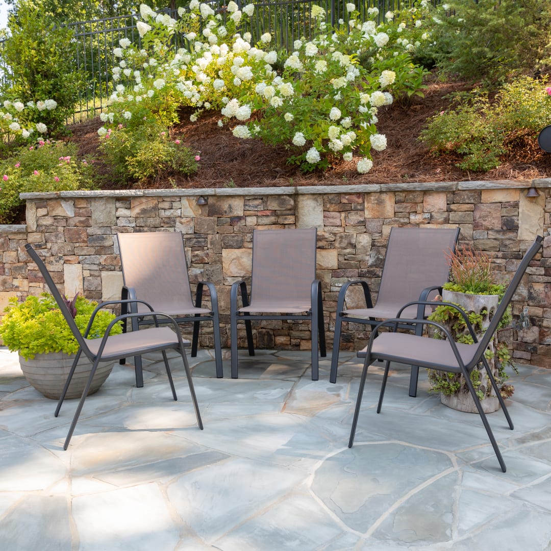 5 Pack Brazos Series Brown Outdoor Stack Chair with Flex Comfort Material and Metal Frame