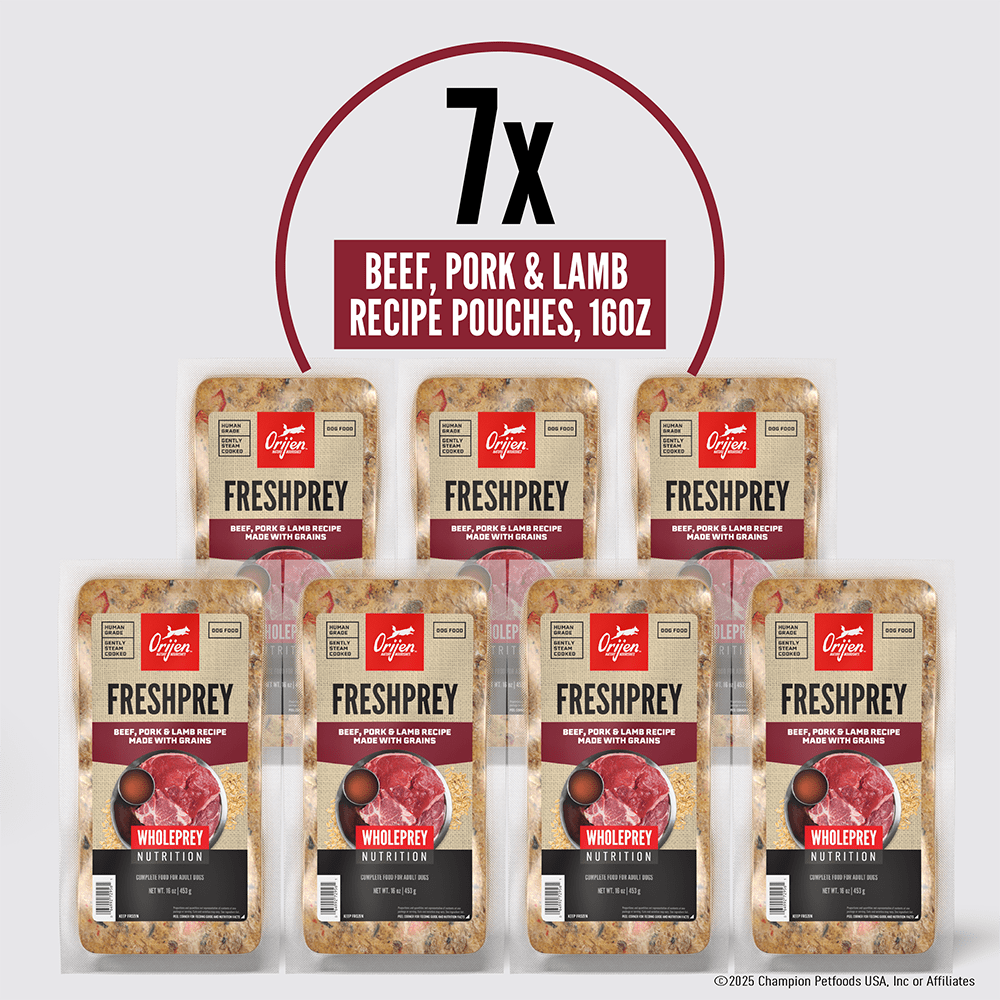ORIJEN FRESHPREY Frozen Dog Food – 100% Human Grade, Gently Steam Cooked, Thaw and Serve – 85% Animal Ingredients* – Beef, Pork & Lamb Recipe Made with Grains – Complete Food for Adult Dogs