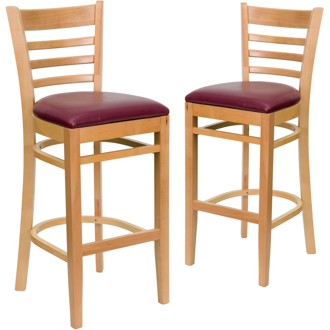 2 Pk. HERCULES Series Ladder Back Natural Wood Restaurant Barstool - Burgundy Vinyl Seat