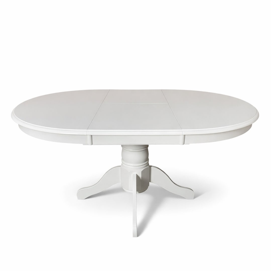 Modern 60 Inch Oval Extendable Dining Table, White Finish Solid Rubberwood