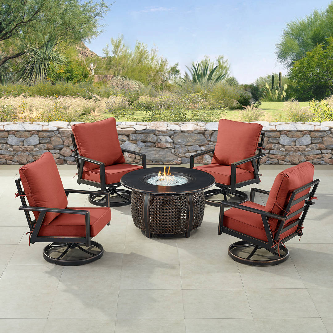 Black Aluminum Patio Fire Table Set with Four Club Chairs