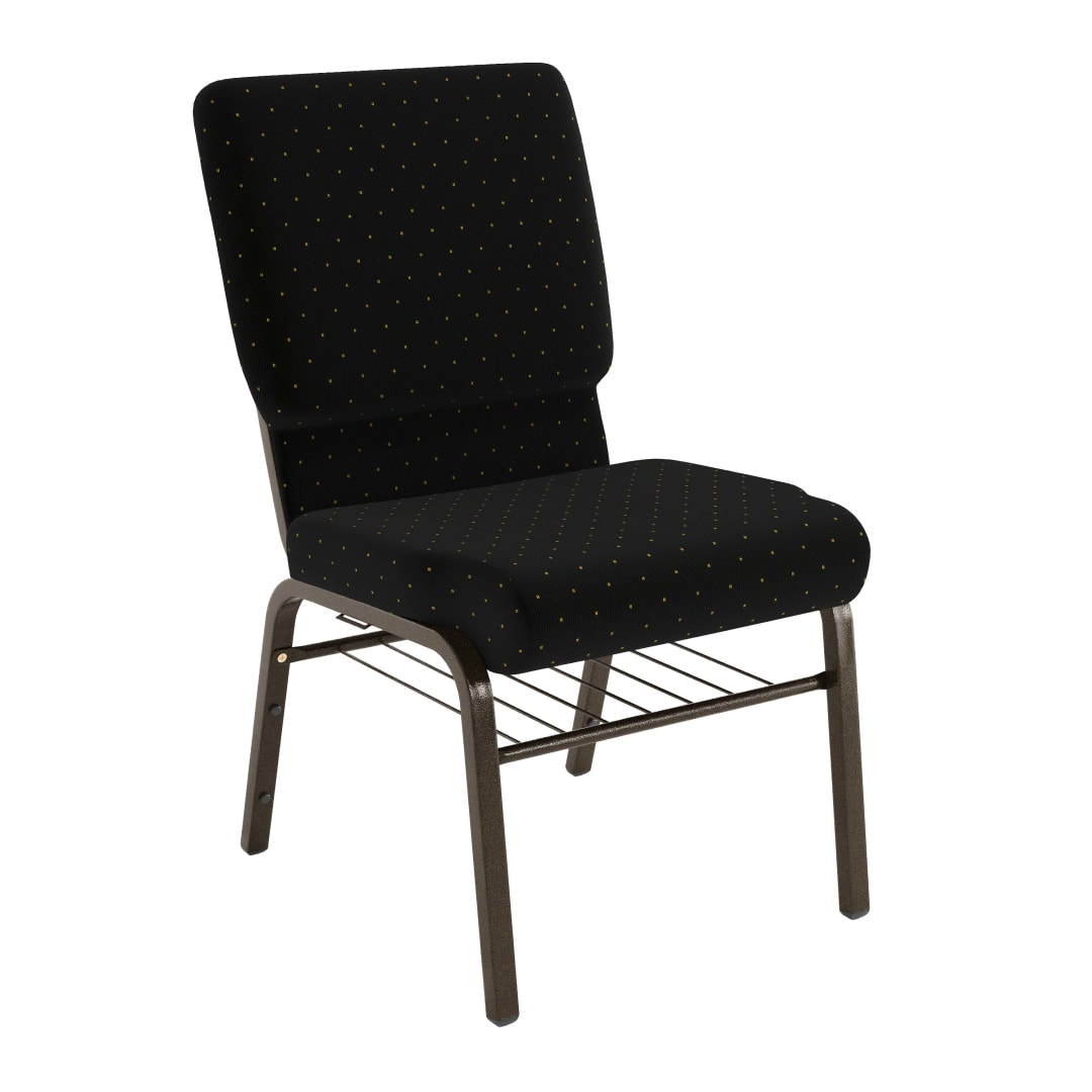 20 Pack HERCULES Series 18.5''W Church Chair in Black Dot Patterned Fabric with Book Rack - Gold Vein Frame