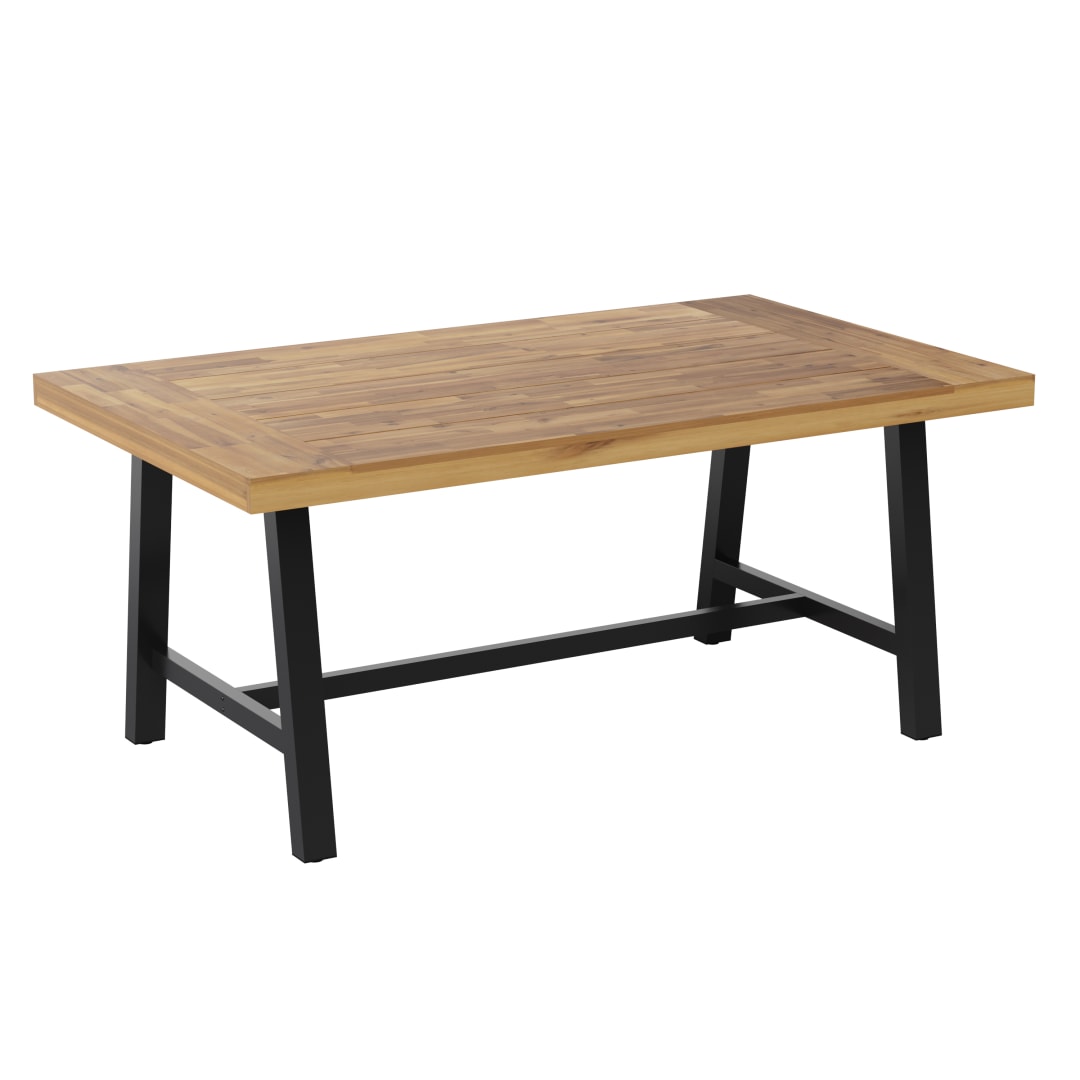 Rafe Commercial Grade Acacia Wood Dining Table with Metal Base, Indoor/Outdoor Rectangle Patio Table with Plank Style Table Top, Natural/Black