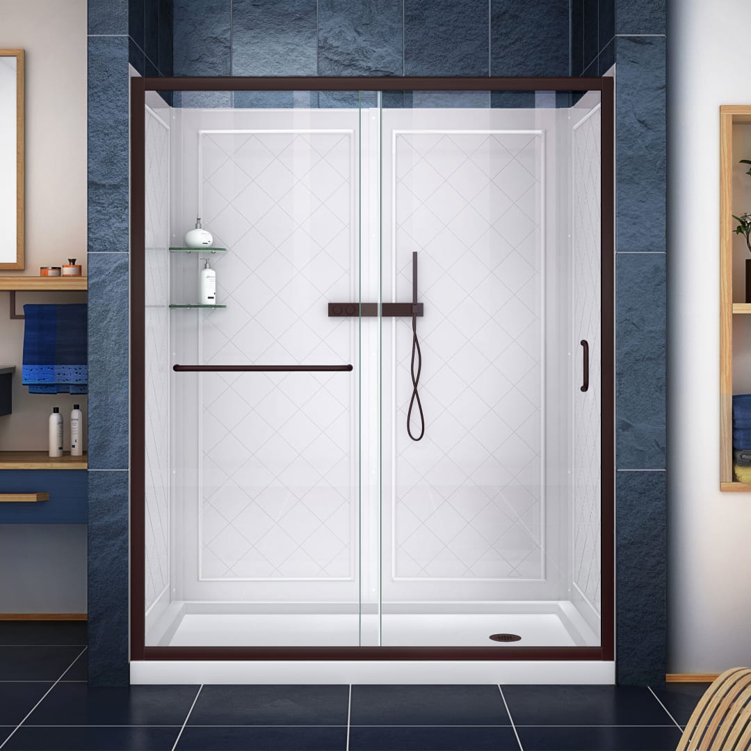 DreamLine Infinity-Z 32 inch D x 60 inch W x 76 3/4 inch H Semi-Frameless Sliding Shower Door in Oil Rubbed Bronze and Clear Glass, Right Drain Shower Base, and Wall Kit in White