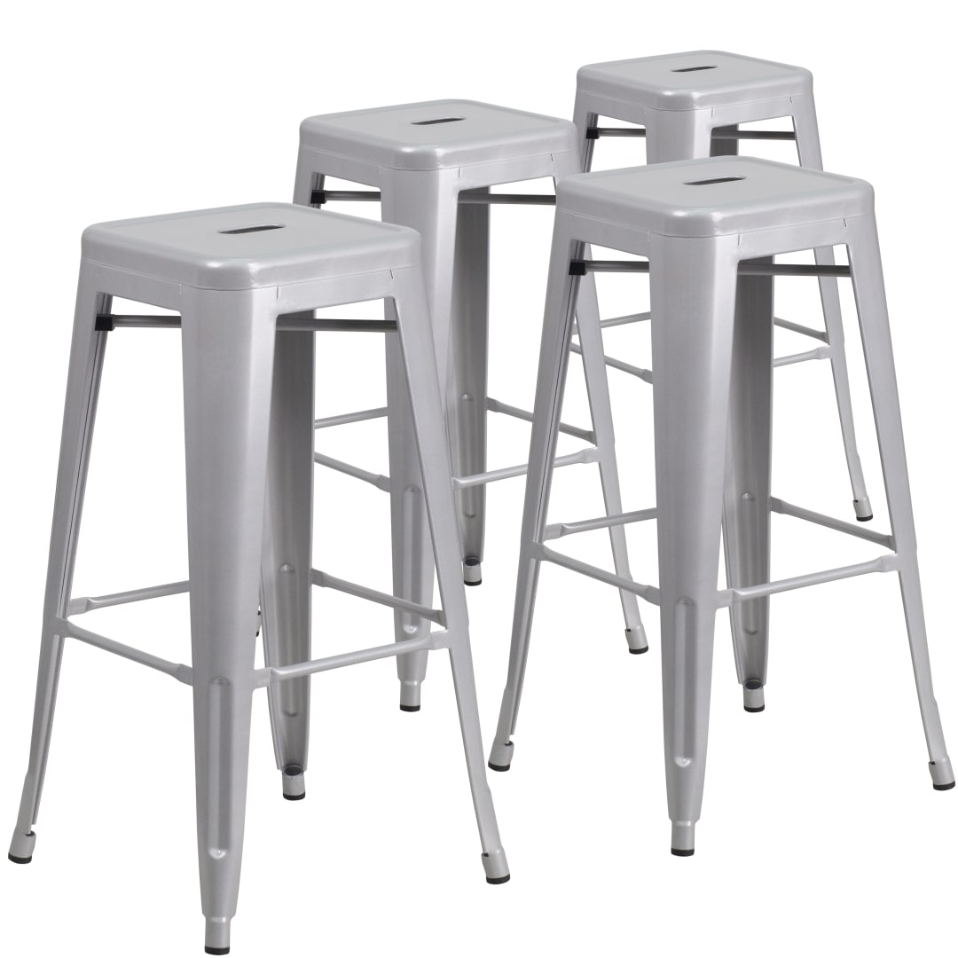 Lily 4 Pack Commercial Grade 30" High Backless Silver Metal Indoor-Outdoor Barstool with Square Seat