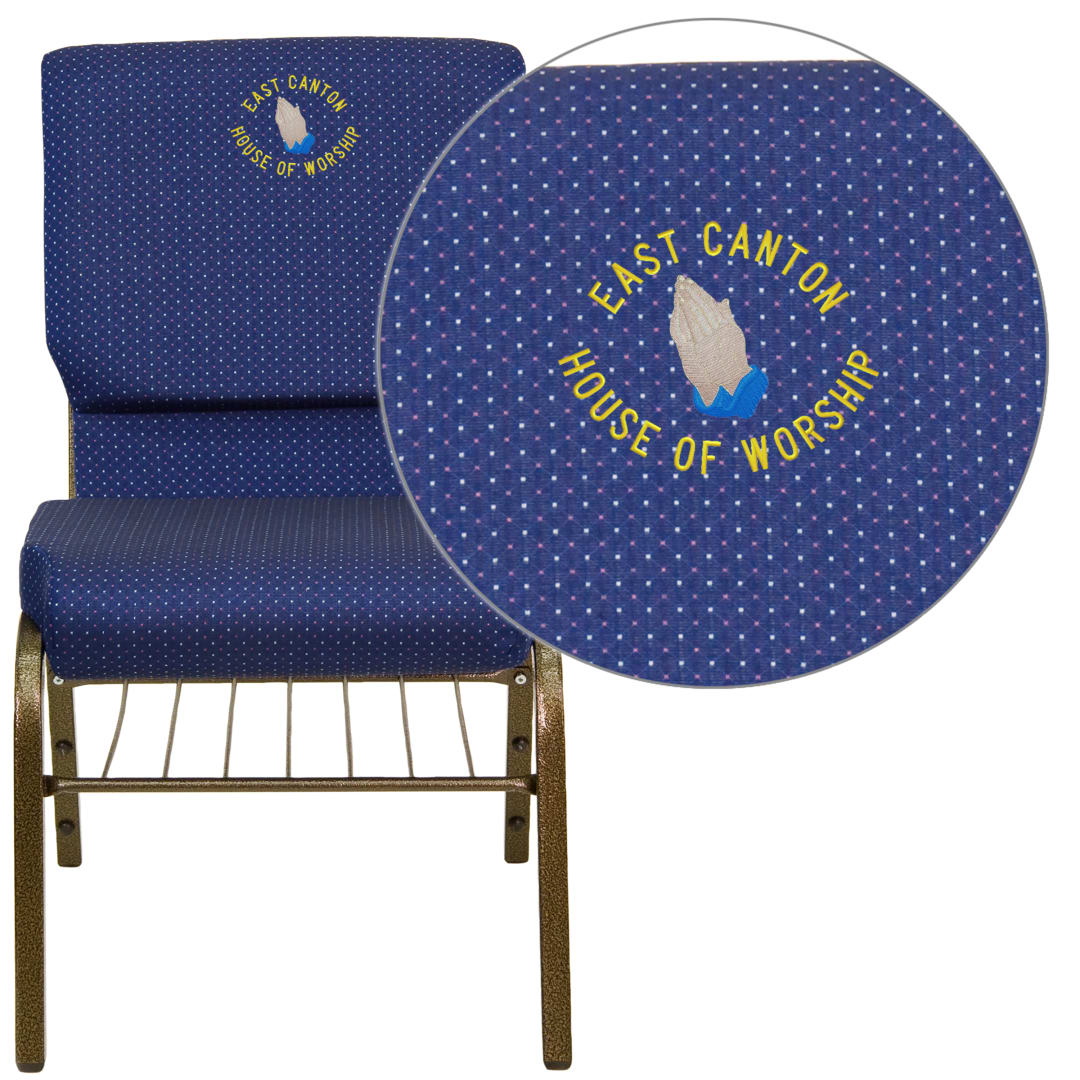 Embroidered HERCULES Series 18.5''W Church Chair in Navy Blue Patterned Fabric with Book Rack - Gold Vein Frame