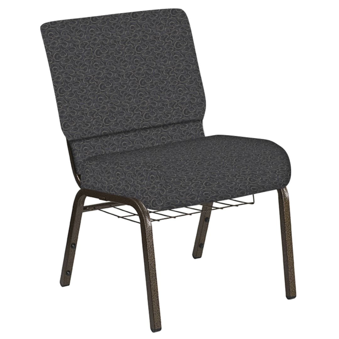 Embroidered 21''W Church Chair in Ribbons Gray Fabric with Book Rack - Gold Vein Frame