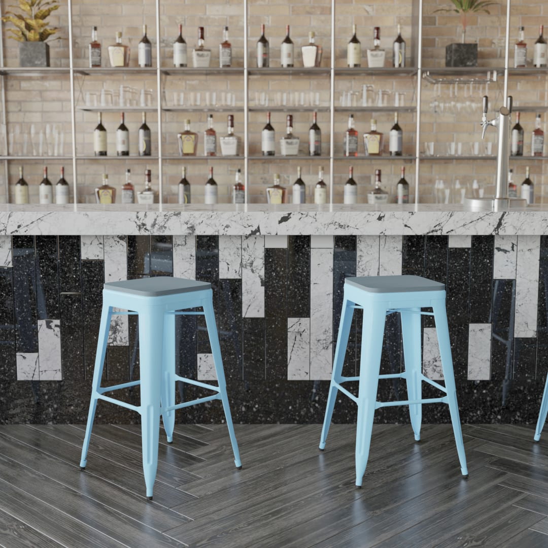 Cierra Set of 4 Commercial Grade 30" High Backless Teal Metal Indoor Bar Height Stools with Teal-Blue All-Weather Poly Resin Seats