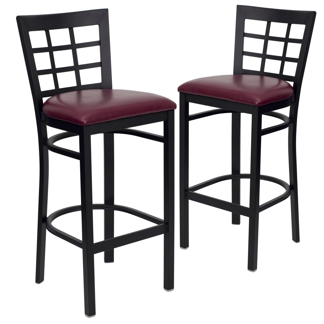 2 Pk. HERCULES Series Black Window Back Metal Restaurant Barstool - Burgundy Vinyl Seat