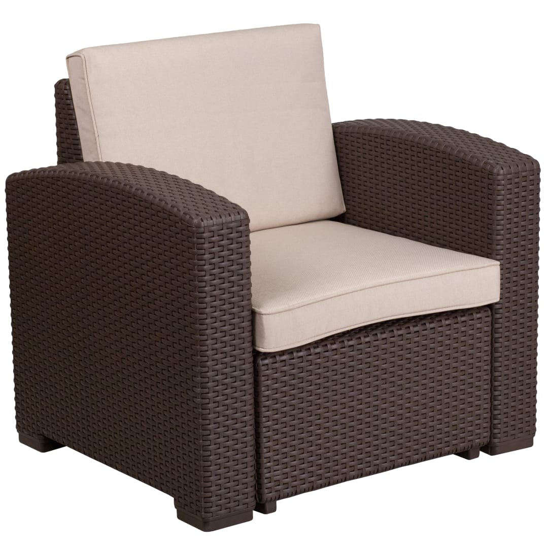 Seneca Chocolate Brown Faux Rattan Chair with All-Weather Beige Cushion