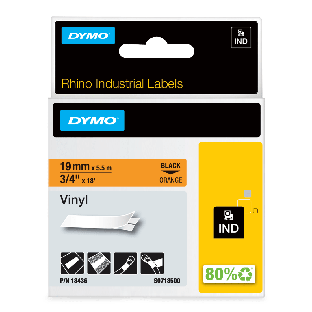 DYMO® Rhino Industrial Vinyl Labels, 3/4", Black Print on Orange Tape