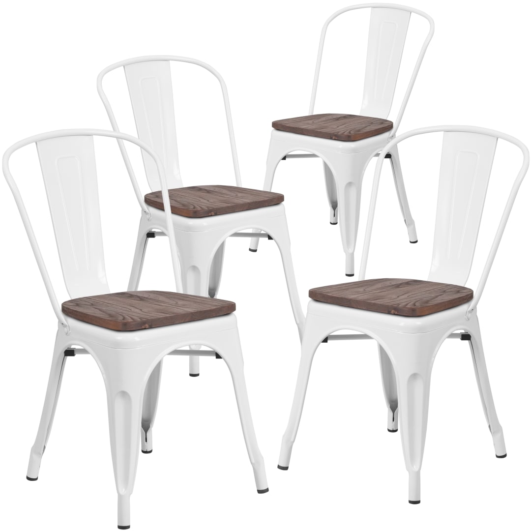 Luke 4 Pack White Metal Stackable Chair with Wood Seat