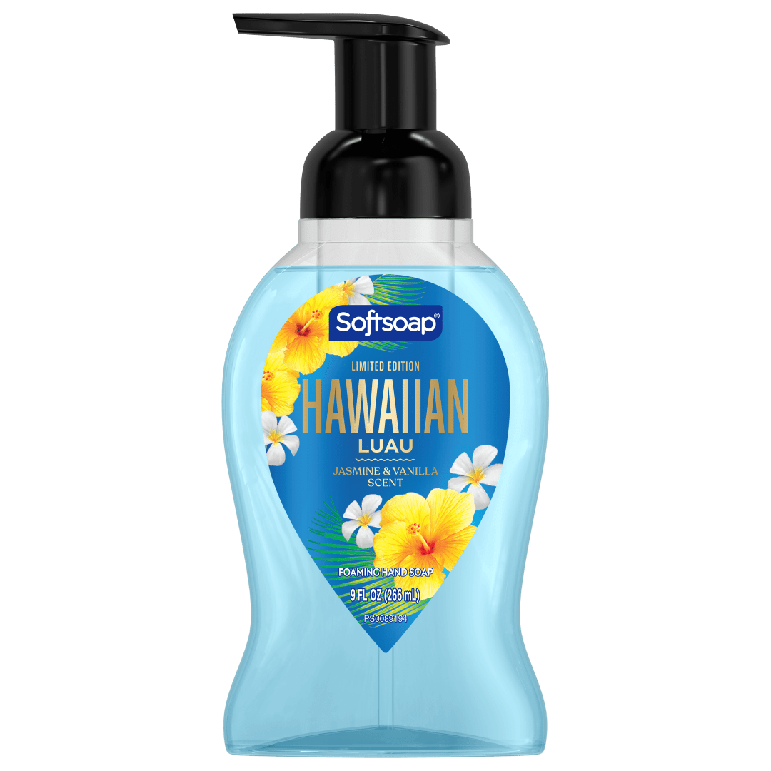 Softsoap Limited Edition Hawaiian Luau Foaming Liquid Hand Soap, Paraben-Free, Recyclable Bottle & Pump, Enriched with Moisturizer, Bathroom and Kitchen Soap, Jasmine and Vanilla Scent, 9 fl oz