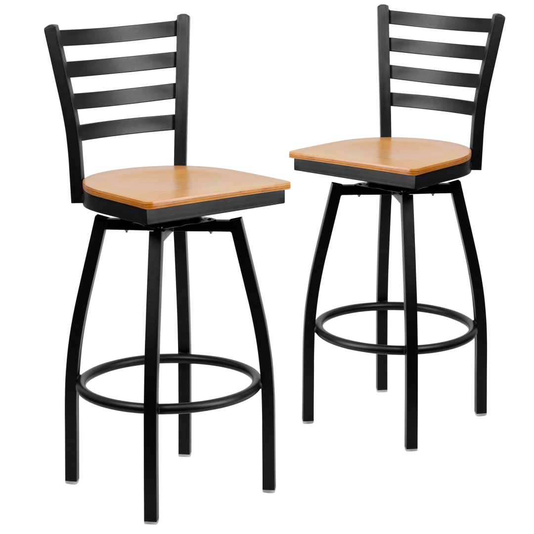 2 Pack HERCULES Series Black Ladder Back Swivel Metal Barstool - Natural Wood Seat