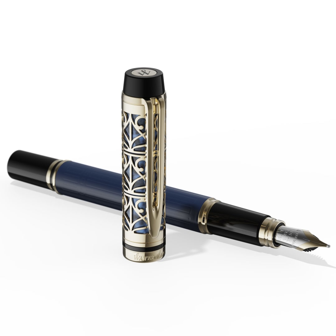 Waterman Man Bleu de Paris Limited Edition Fountain Pen, Blue Lacquer barrel with Light Gold Coated Cage and Trim, 18K gold Medium Nib, Premium Gift Box