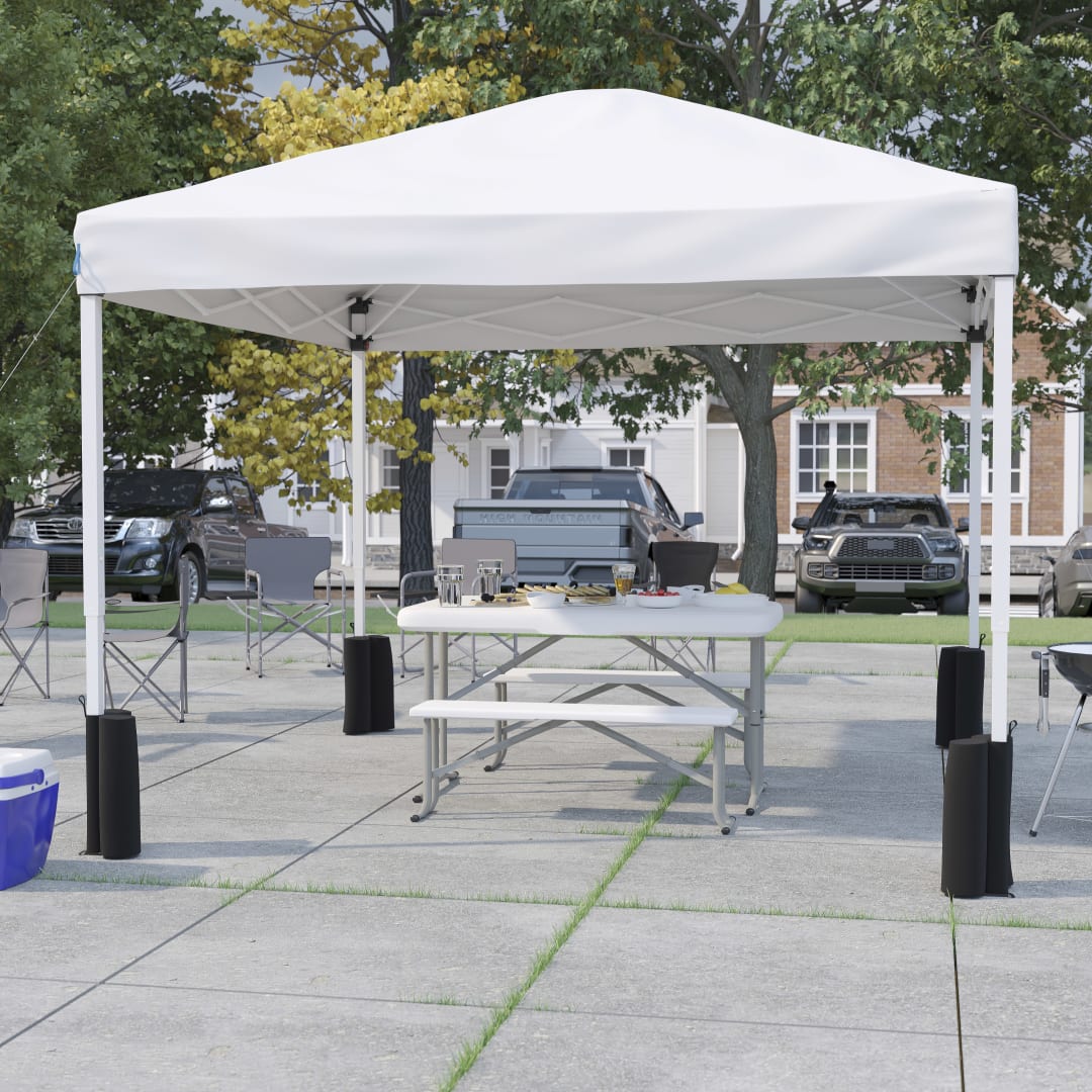 Harris 10'x10'WhitePopUpEventCanopyTentwithWheeledCaseandFoldingBenchSet-PortableTailgate,Camping,EventSet
