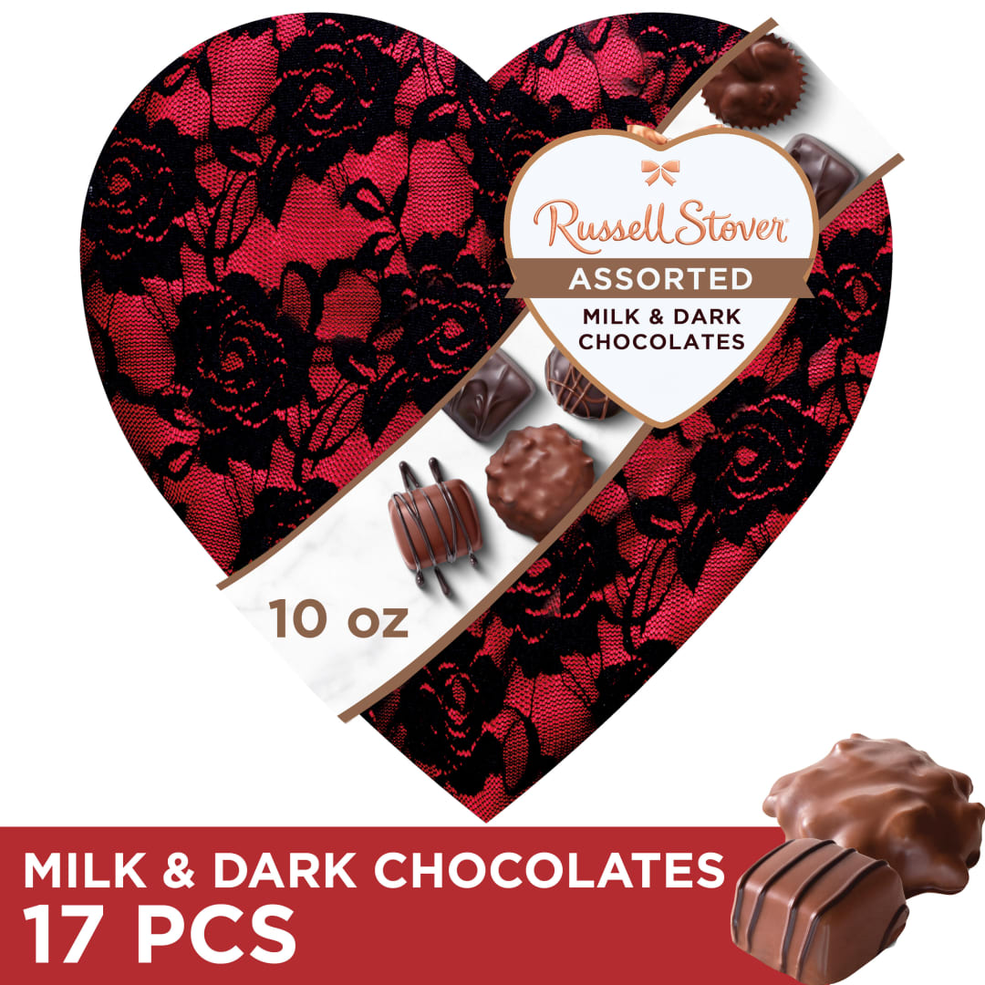 RUSSELL STOVER Valentine's Day Secret Lace Heart Assorted Milk & Dark Chocolate Candy Gift Box, 10 oz.