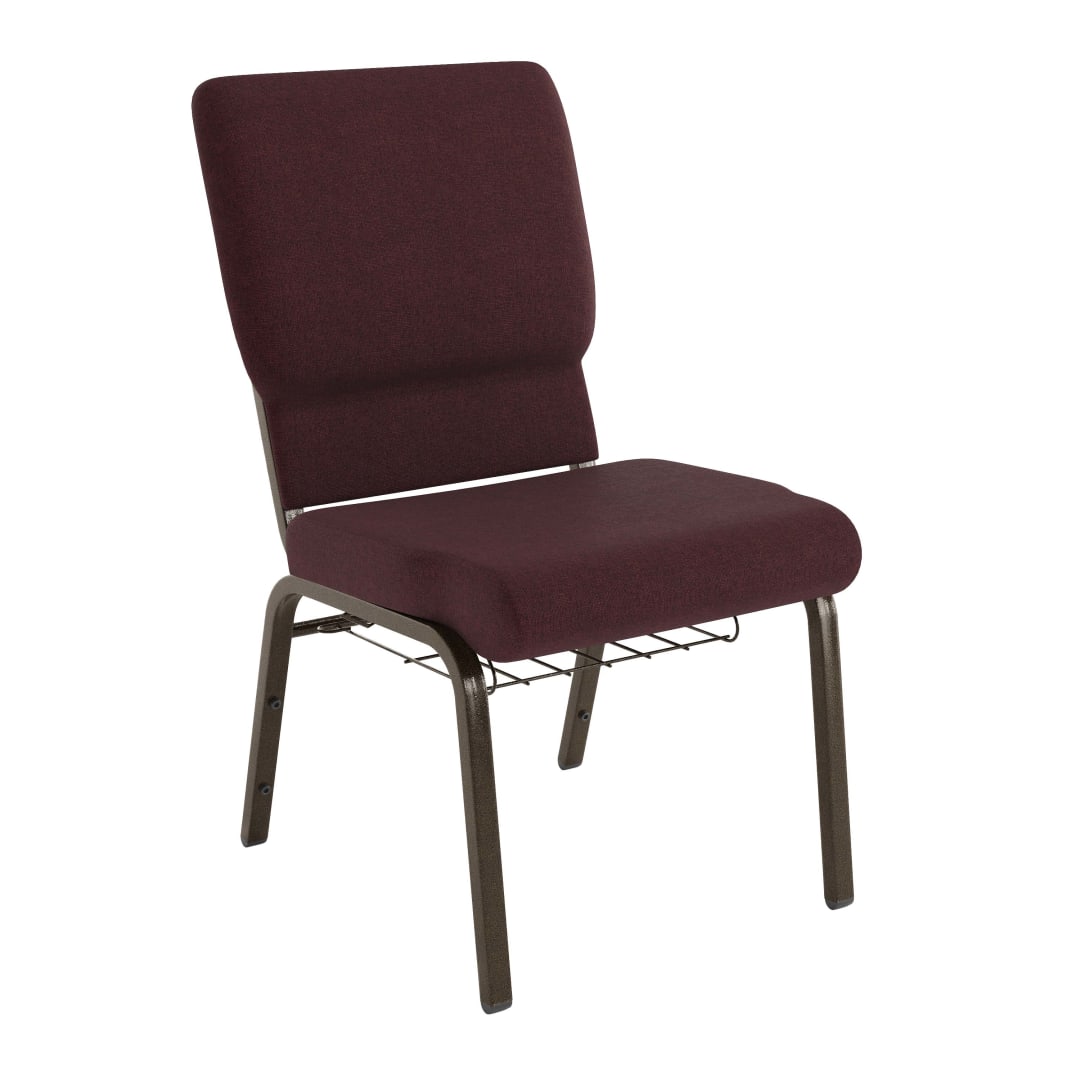 HERCULES Series 18.5''W Church Chair in Plum Fabric with Cup Book Rack - Gold Vein Frame