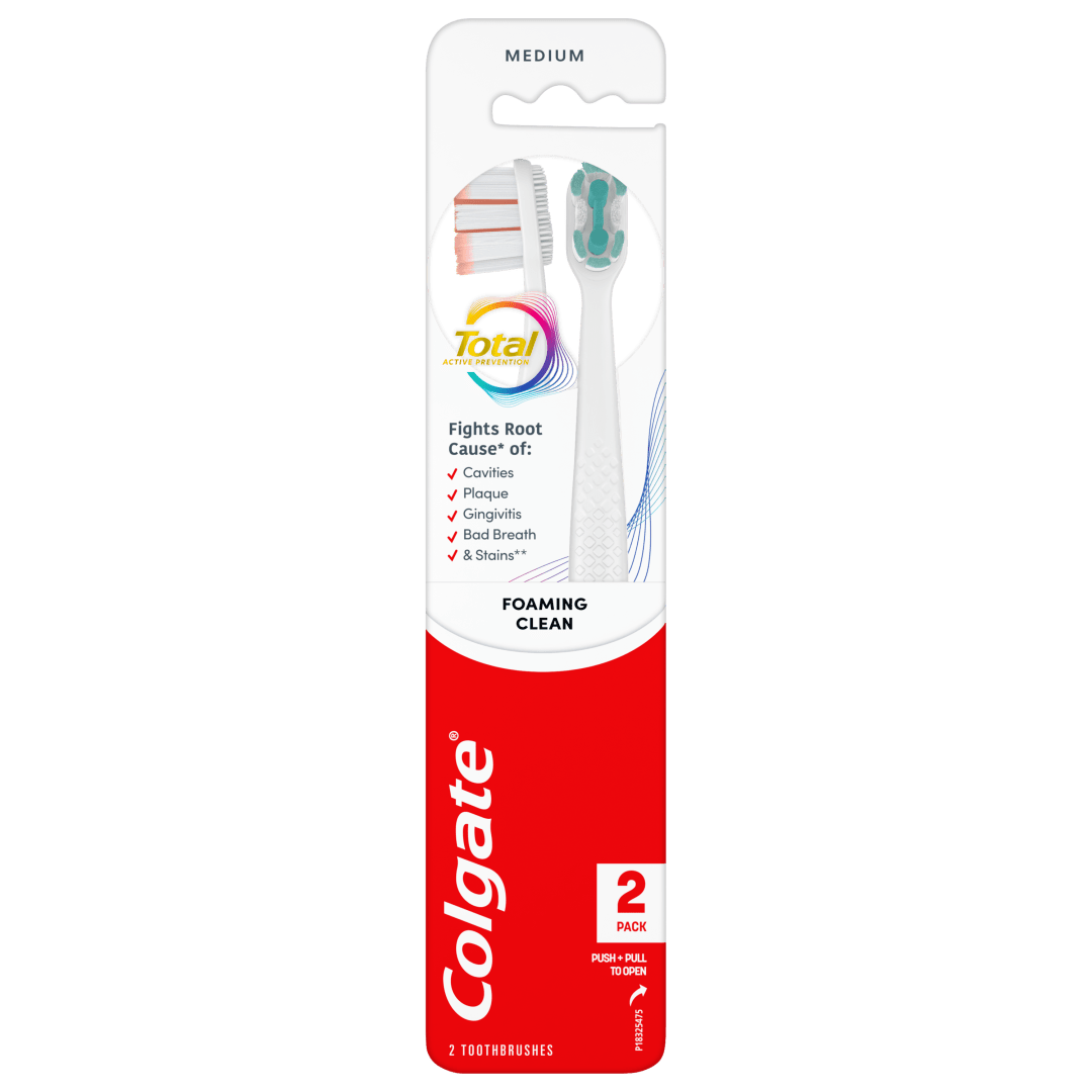 Colgate Total Active Prevention Foaming Clean Medium Toothbrush, White, 2 Pack
