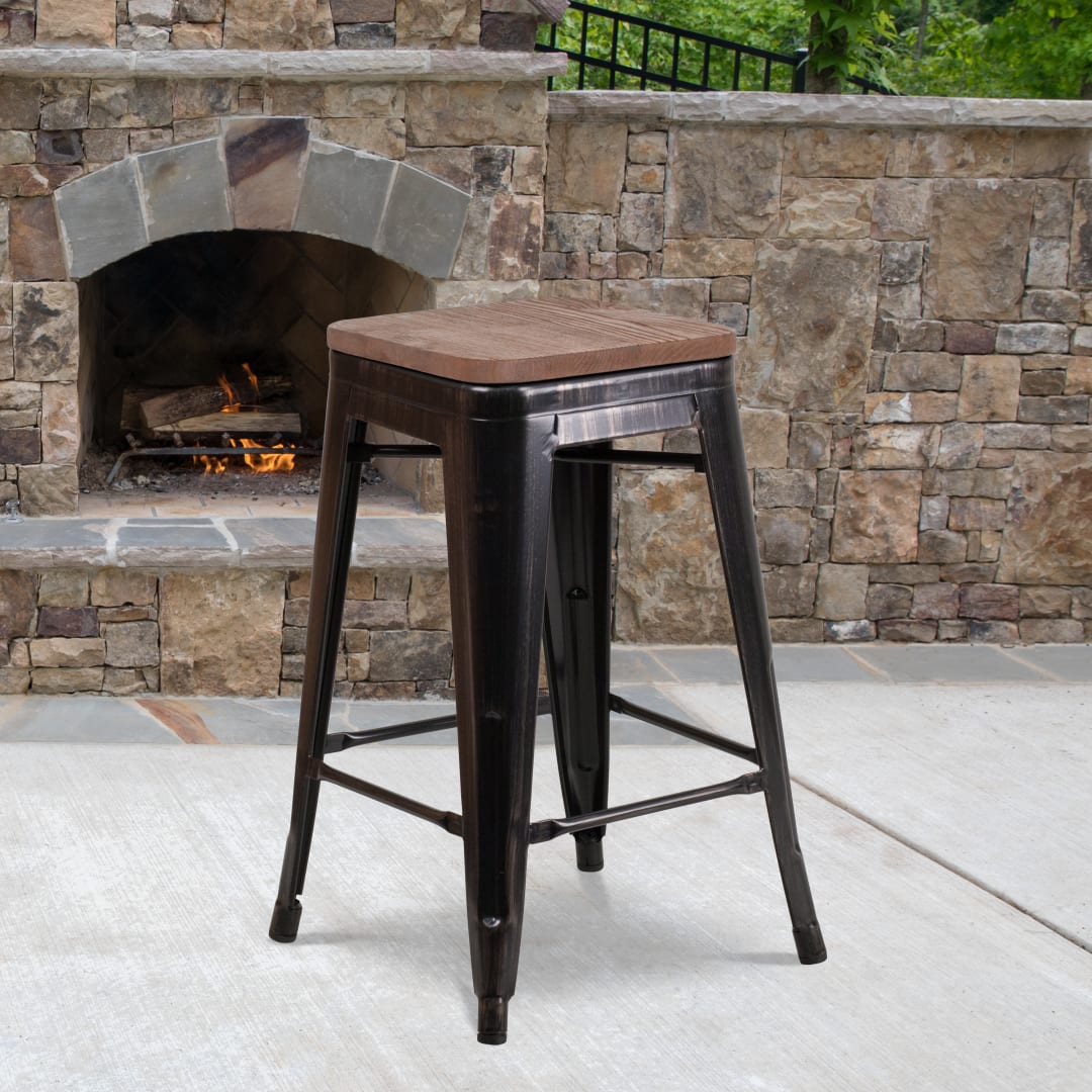 Lily 24" High Backless Black-Antique Gold Metal Counter Height Stool with Square Wood Seat