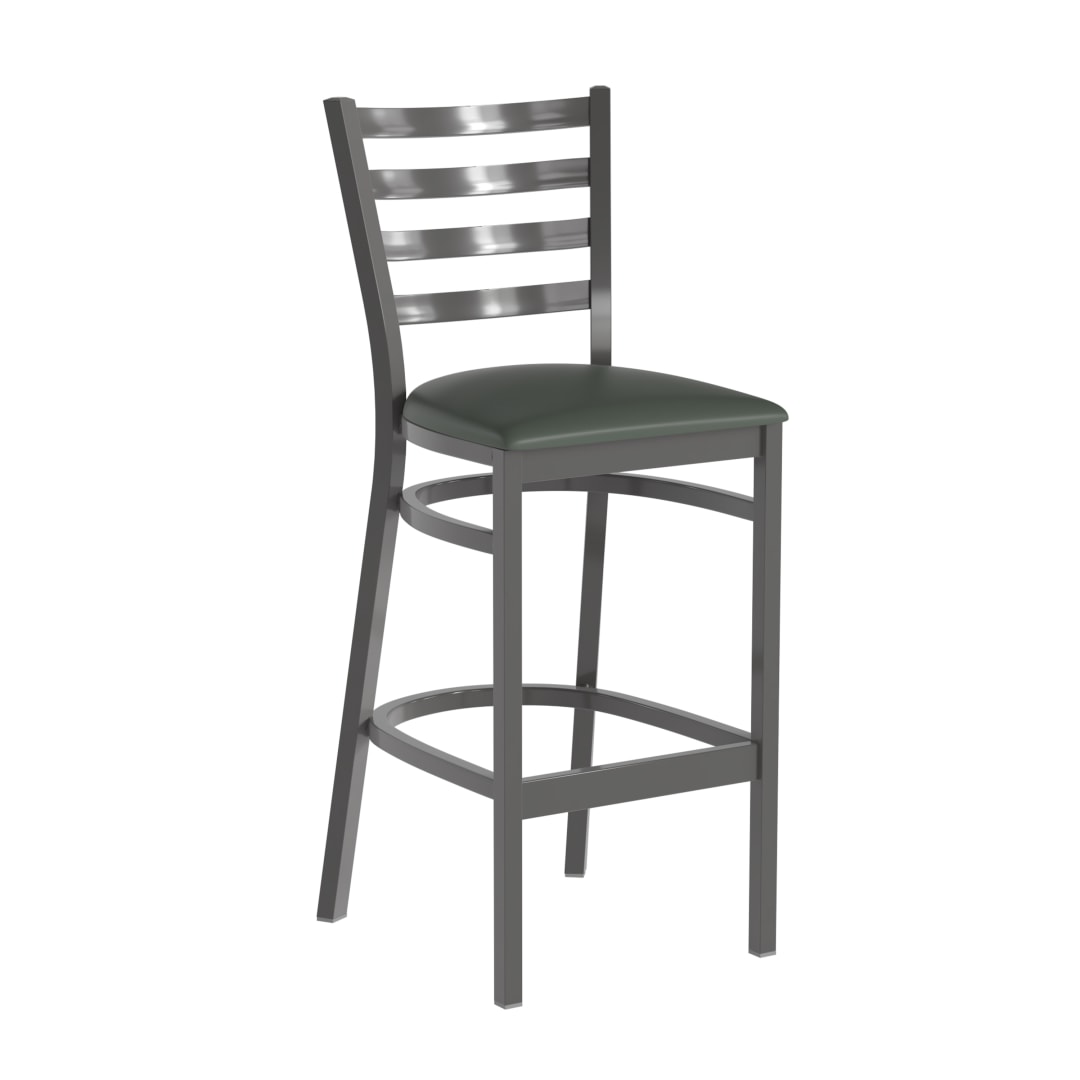 HERCULES Silver Antique Finish with Clear Coat Ladder Back Metal Restaurant Barstool - Green Vinyl Seat