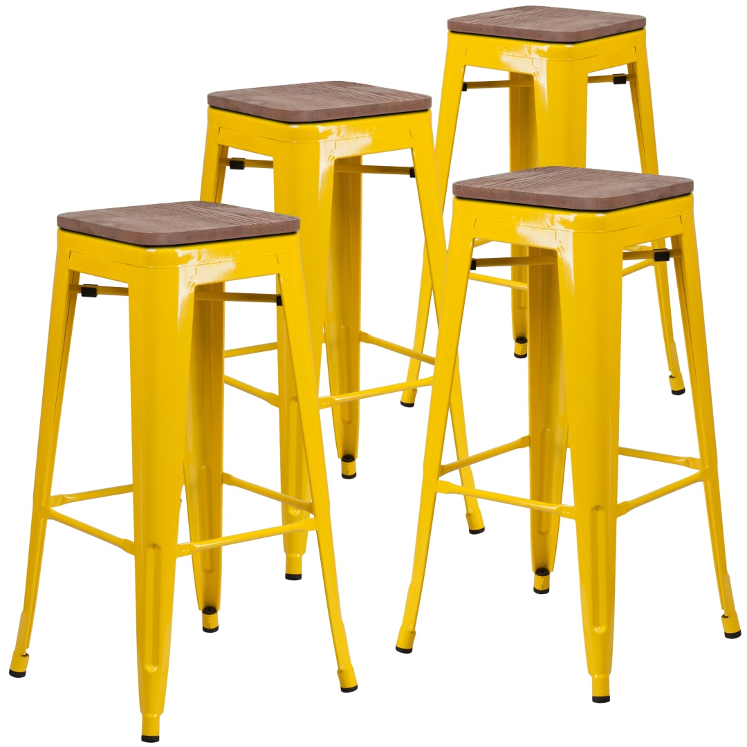 Lily 4 Pk. 30" High Backless Yellow Metal Barstool with Square Wood Seat