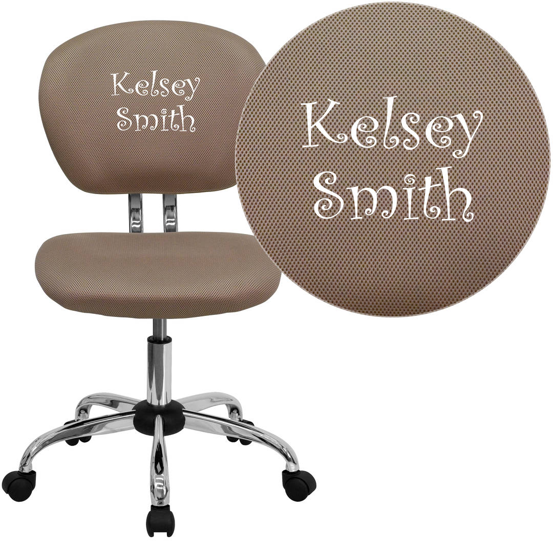 Embroidered Mid-Back Coffee Brown Mesh Padded Swivel Task Office Chair with Chrome Base