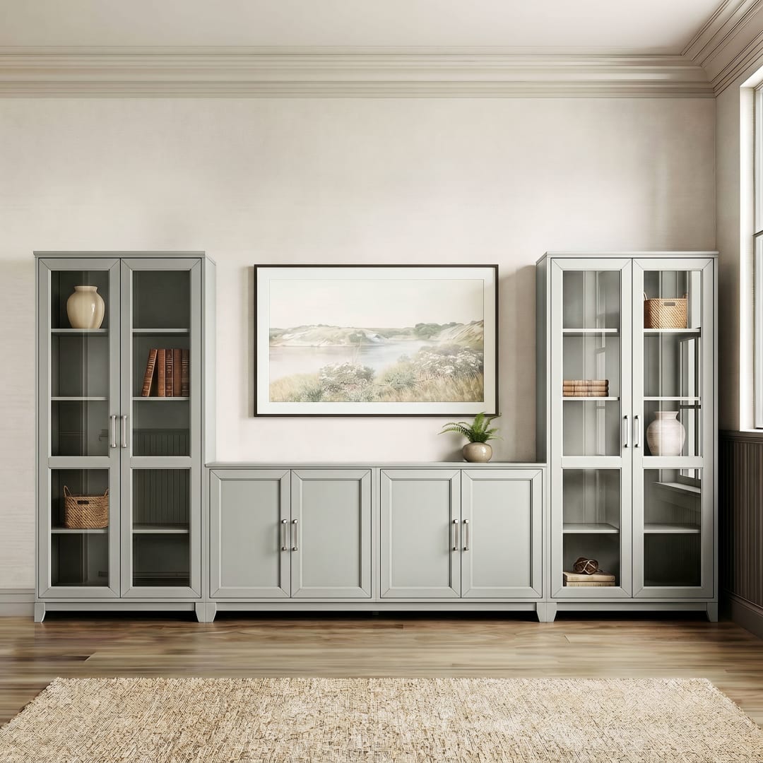 Bedford Modular Shaker 4-Door TV Stand for up to 75" TV, 2 Tall Media Cabinets, Brushed SS Hardware, Soft-Close Doors, Bedford Gray, 3-Piece Set