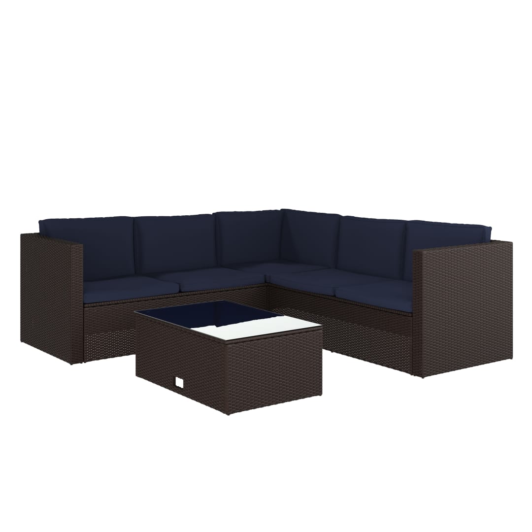Roan Indoor/Outdoor L-Shaped Sectional with Coffee Table in Brown Wicker PE Rattan with Navy Cushions