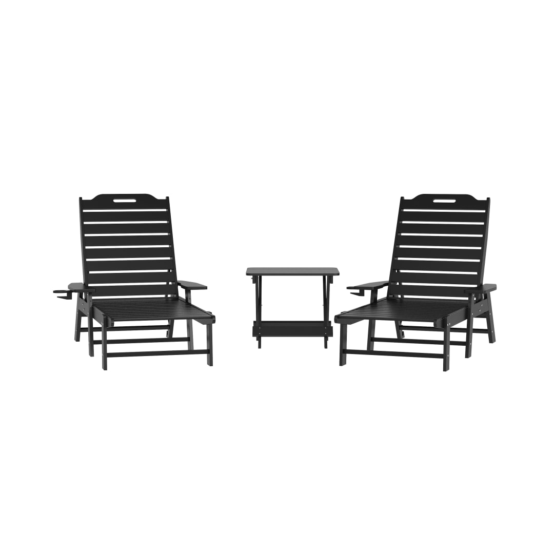 Monterey Commercial Grade 3-Piece Indoor/Outdoor Adirondack Set with 2 Adjustable HDPE Loungers with Cup Holders and Folding Side Table in Black
