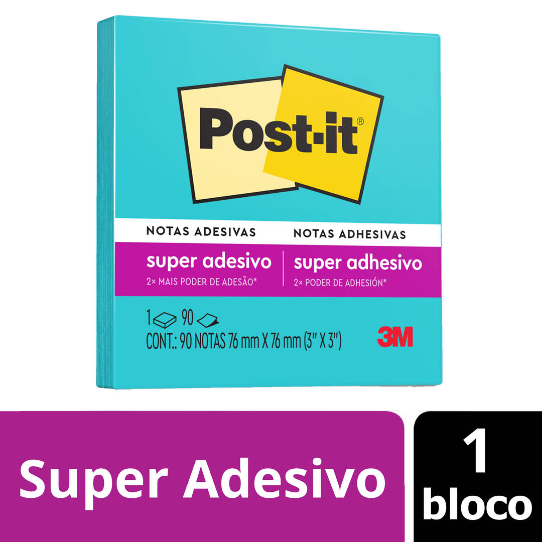 Bloco de Notas Super Adesivas Post-it®, Azul Elétrico, 76 mm x 76 mm, 90 Folhas
