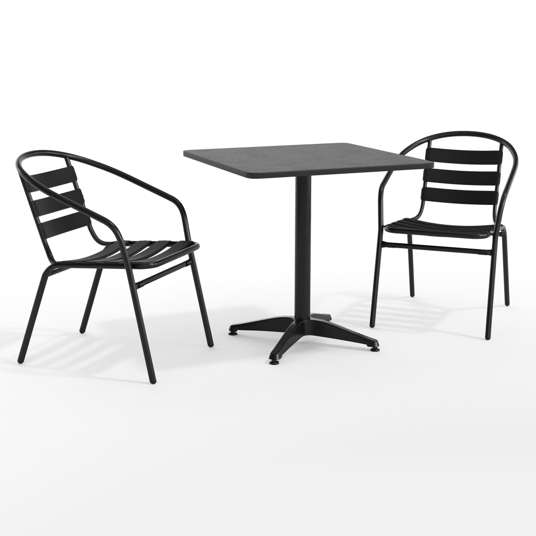 Lila 27.5'' Black Square Aluminum Indoor-Outdoor Table Set with 2 Black Slat Back Chairs