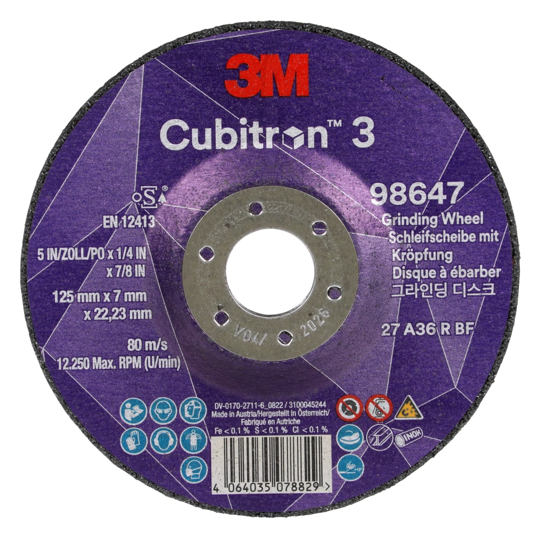 3M™ Cubitron™ 3 Bombeli Taşlama Taşı, 98647, 36+, T27, 125 mm x 7 mm x 22,23 mm, EN, 10/Paket, 20 adet/Kutu