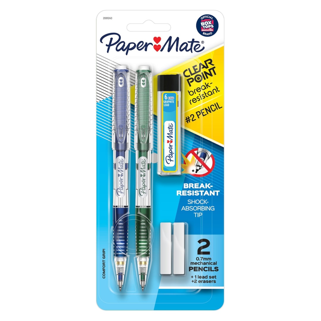Paper Mate® Clearpoint® Break-Resistant Mechanical Pencils, HB #2 Lead (0.7mm), 2 Pencils (Dark Blue and Dark Green), 1 Lead Refill Set, 2 Erasers