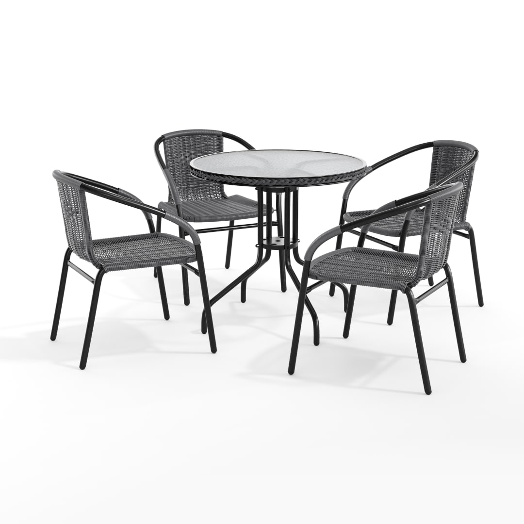 Lila 28'' Round Glass Metal Table with Gray Rattan Edging and 4 Gray Rattan Stack Chairs