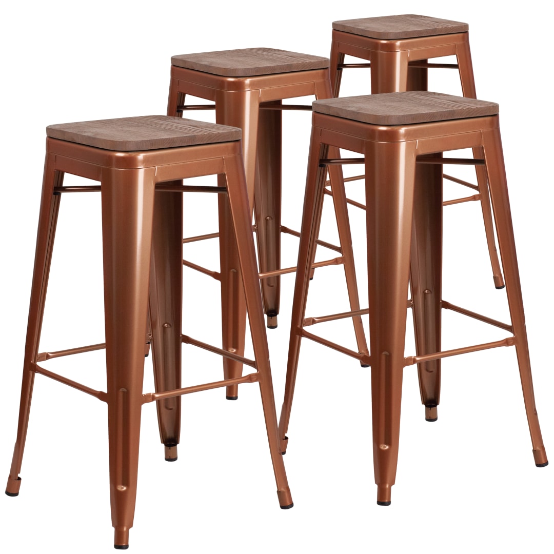 Shania 4 Pk. 30" High Backless Copper Barstool with Square Wood Seat
