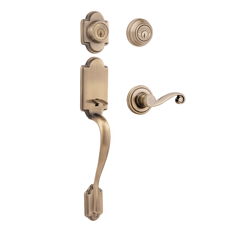 Arlington Double Cylinder Handleset w/Lido Lever featuring SmartKey Security™ in Antique Brass